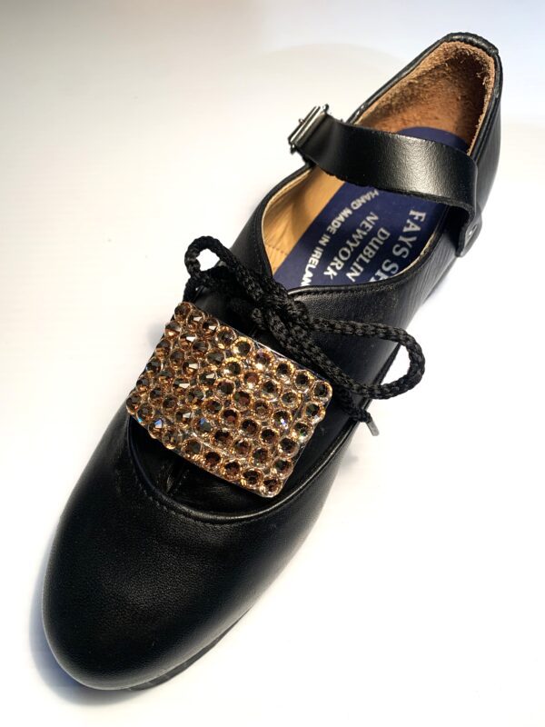 A pair of black shoes with Gold Crystals Buckles.