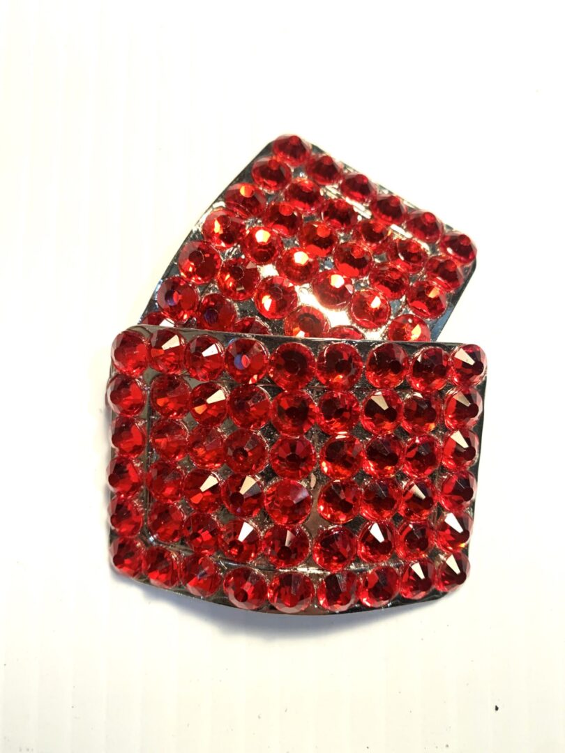 A pair of Red Buckles on a white surface.
