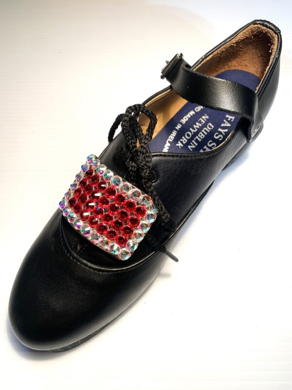 A pair of black shoes with a Red and AB Crystals Buckles.