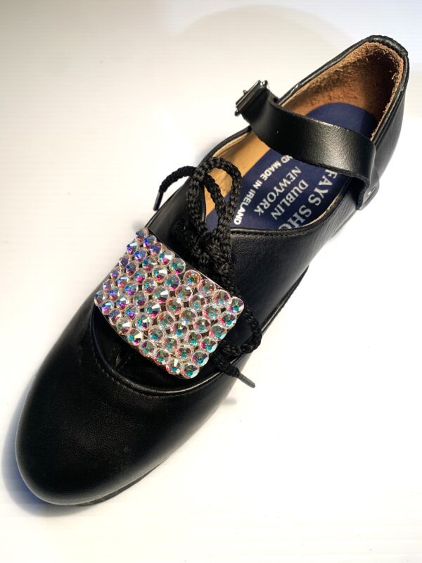 A black shoe with AB Crystal Buckles.